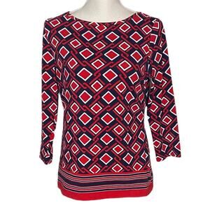 Navy, Red & White Talbots Knit Geometric Print Top with Bottom Trim Medium